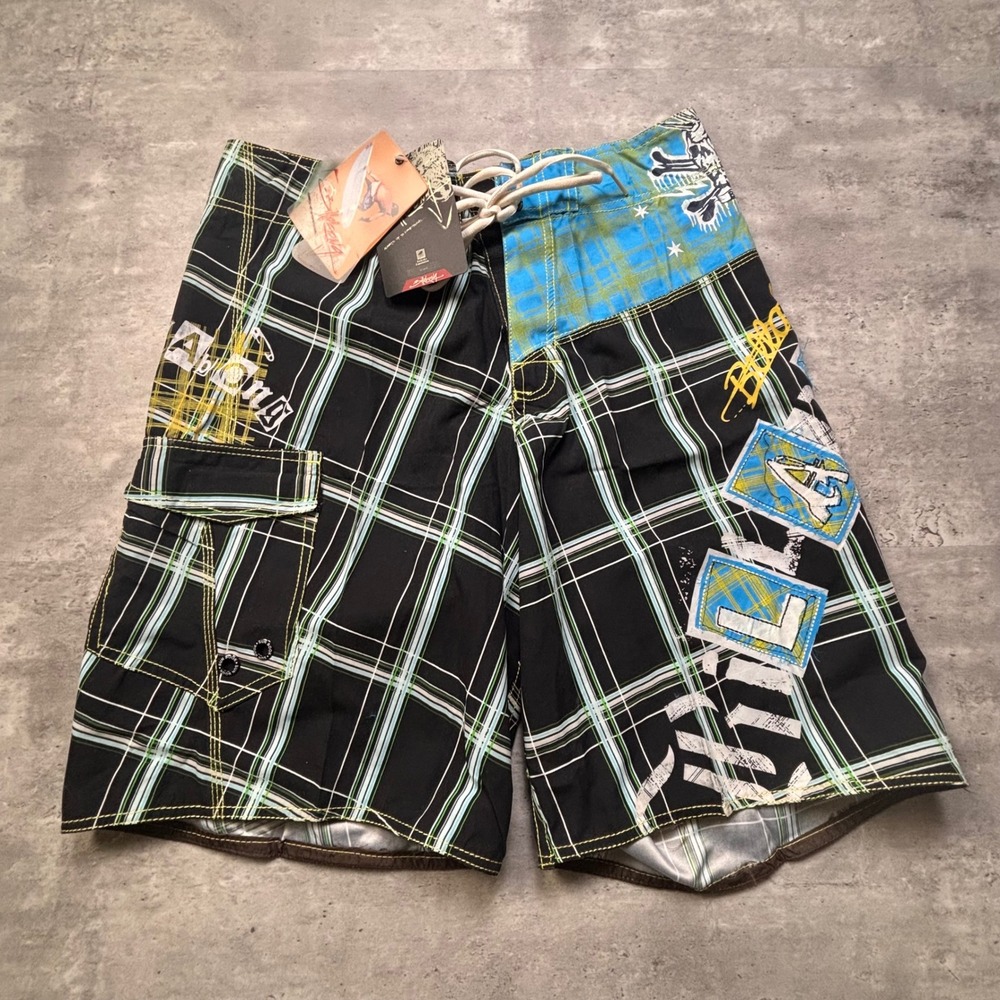 Billabong Board Shorts 32 Black Plaid Y2K Supreme Graphic Swim Trunks NWT